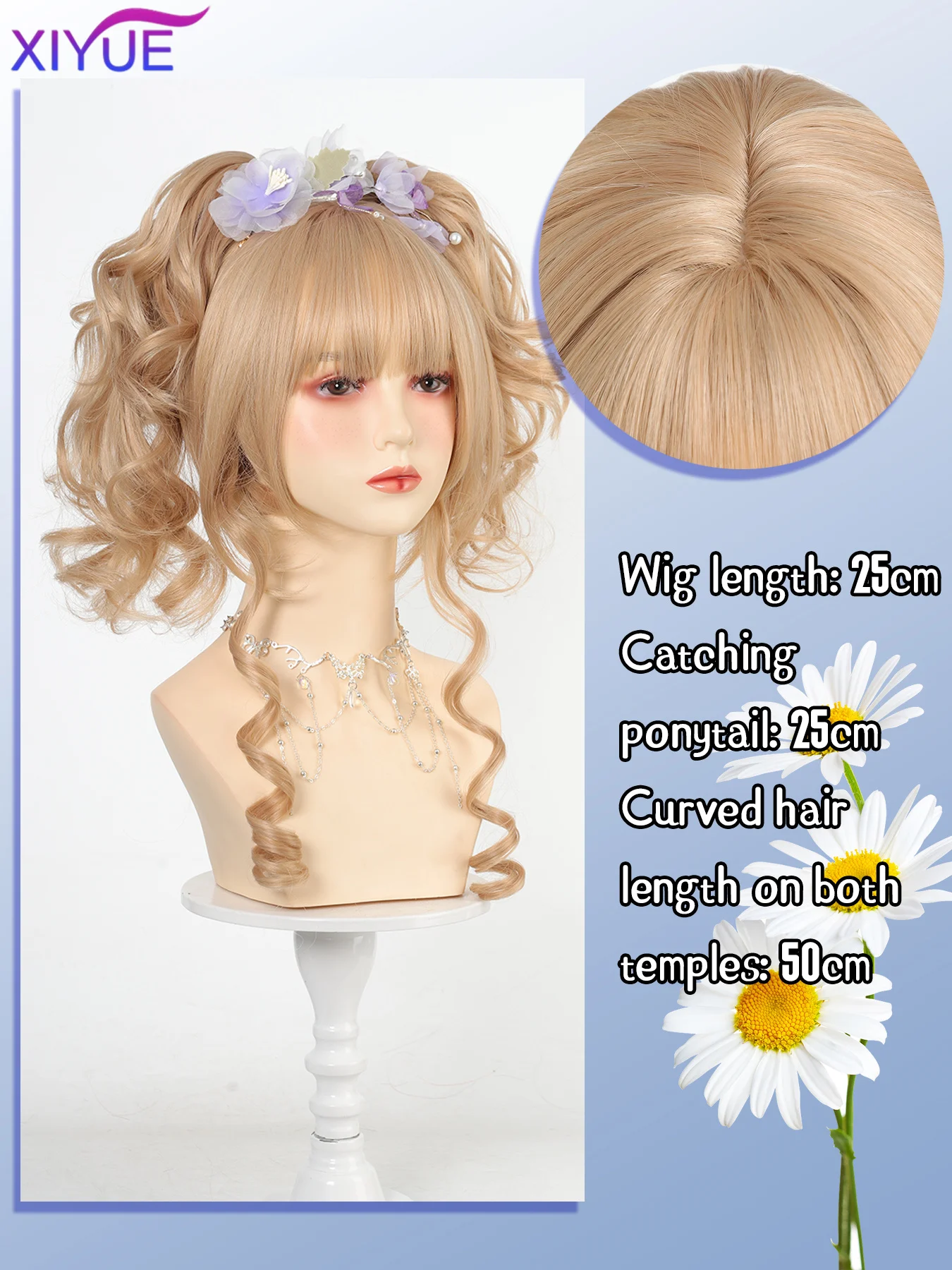 XIYUE synthetic Long Curly Twin Ponytails Synthetic Wig Bangs Lolita Party Chic Girls Princess blonde Short Heat Resistant Hair