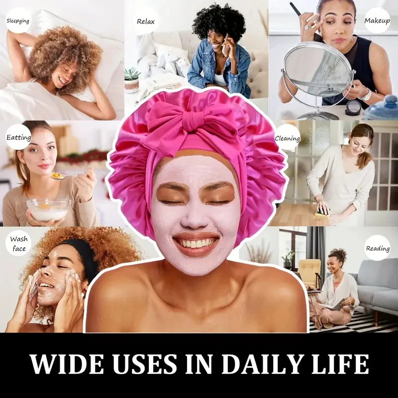 قطعة واحدة من قبعة الشعر الساتان ومجموعة Scrunchie مع قبعة نوم قابلة للتعديل/قبعة استحمام مرنة واسعة النطاق للنساء وجميع الشعر المجعد