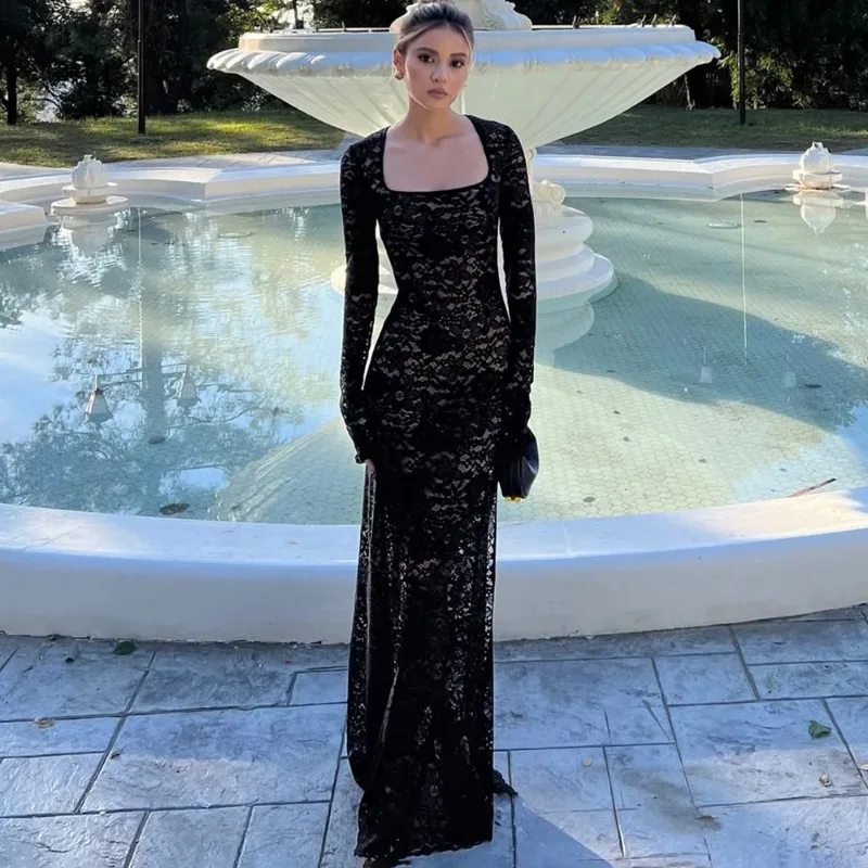 

Tuularose Summer Vacation Long Dress Women's Sexy Bodycon Hollow See-through Lace Dress New Party Elegant Women's Casual Dress