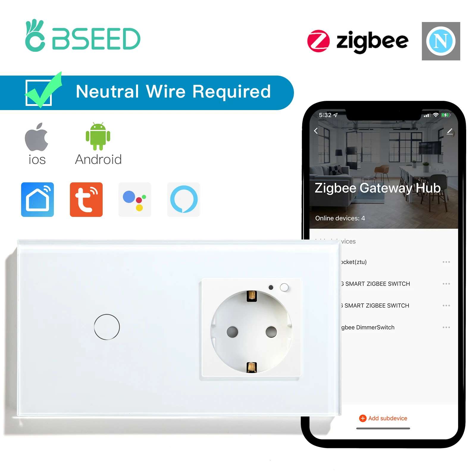 

Bseed 1/2/3Gang 2Way Zigbee Light Switch Wall Touch Switch With Smart Wall Power Socket Tuya Smart Life Google Voice Control