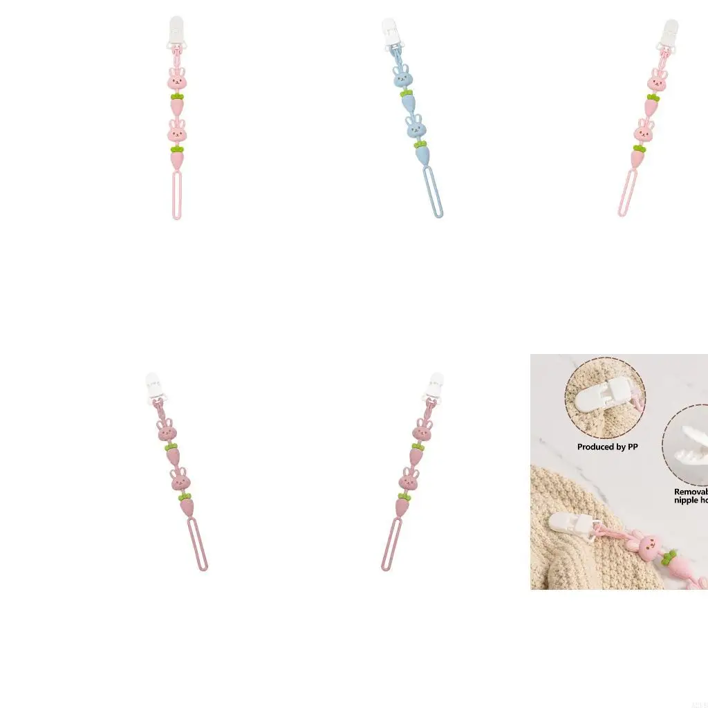 Pacifier Leash with Rabbit Teether, Food-Contact-Grade Silicone, Top Clip and Connector for Small Infant Items A2UB