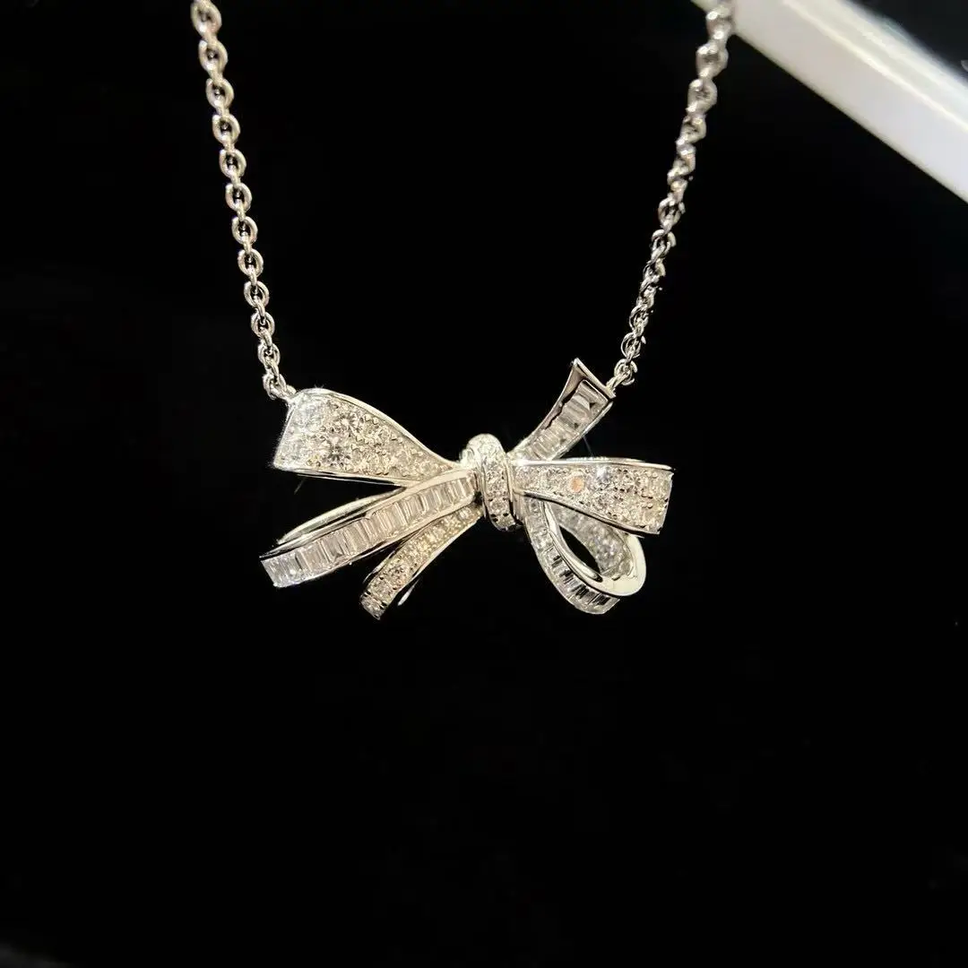 الفرنسية الفاخرة Bowknot موضة المرأة 925silverNecklace القوس عالية الجودة مويسانيتي تألق ساحر هدايا الحفلات لا يتلاشى