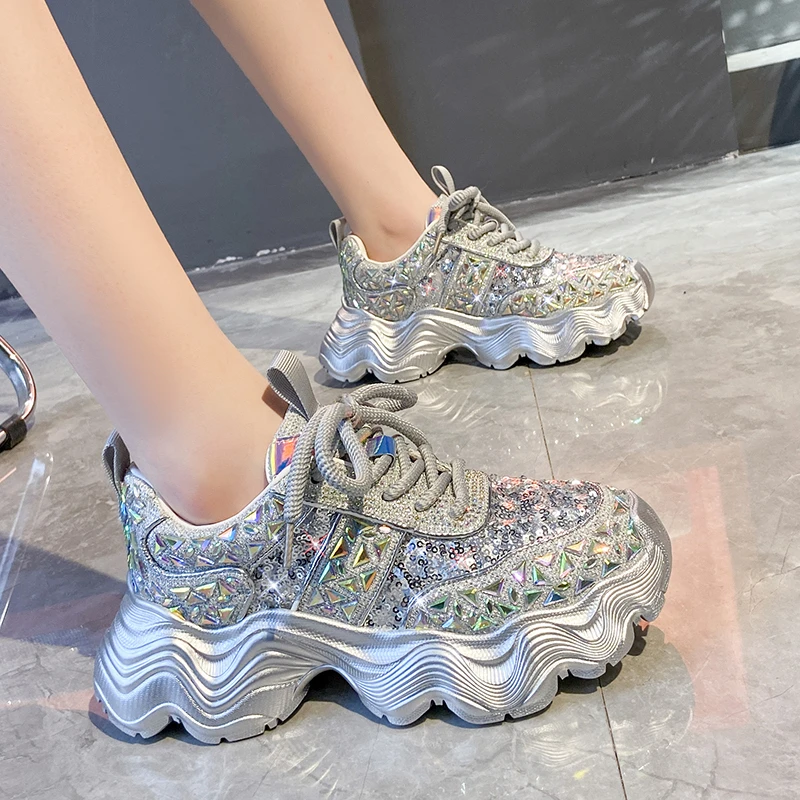 Women's Shiny Rhinestones Shoes Summer Breathable Mesh Casual Sneakers Women's Sport Shoes Platform Luxury Shoes Zapatos Mujer