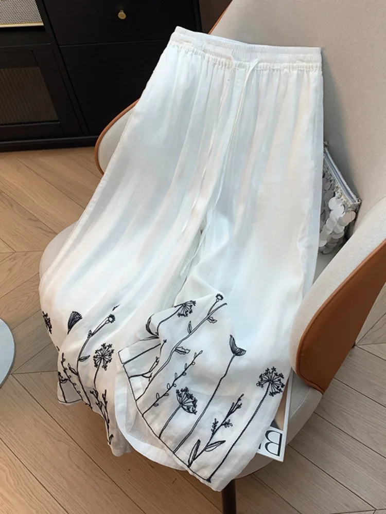 

Retro Chinese Embroidered High Waist Wide Leg Pants Women's Summer Loose Fit Casual Straight Leg Trousers Linen Material