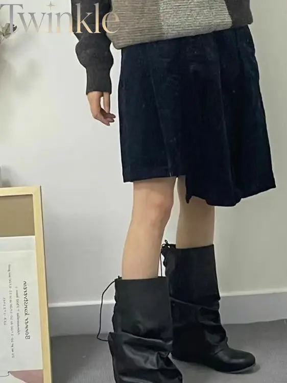 Mid Calf Boots Women Hidden Heel Japanese Style Pleated Slouch Boots Mori Girl Fall Winter Large Size Stacked Boots
