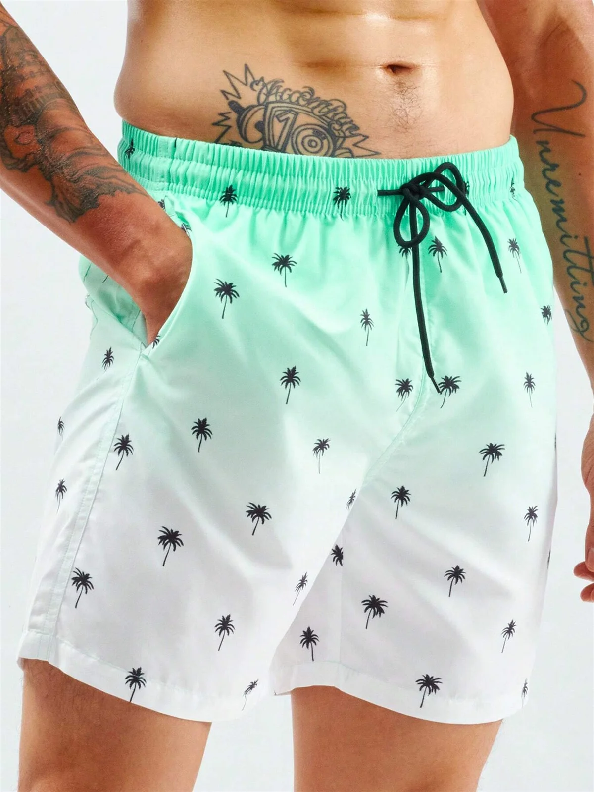 Men\'s Beach Shorts Gradient Color Block Drawstring Summer Men\'s swim Trunks Elastic Waist 3D Print Breathable Short Streetwear