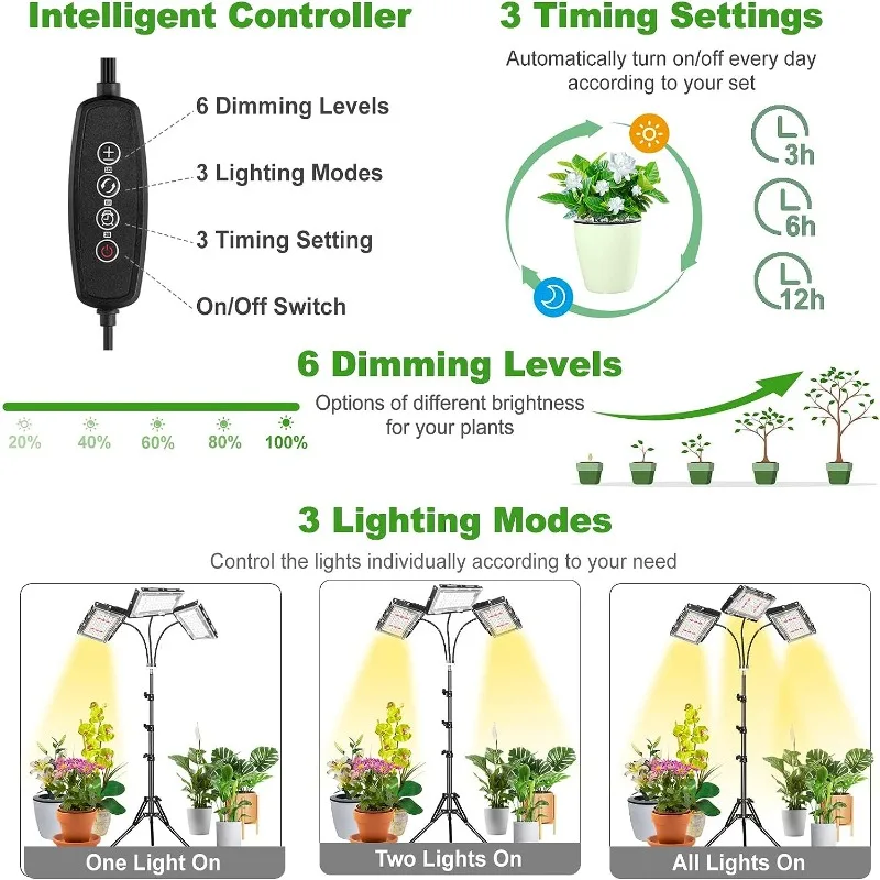 Imagem -02 - Tri-head Led Planta Luz com Stand Espectro Completo 150 Leds Temporizador 12h Níveis Reguláveis Plantas de Interior