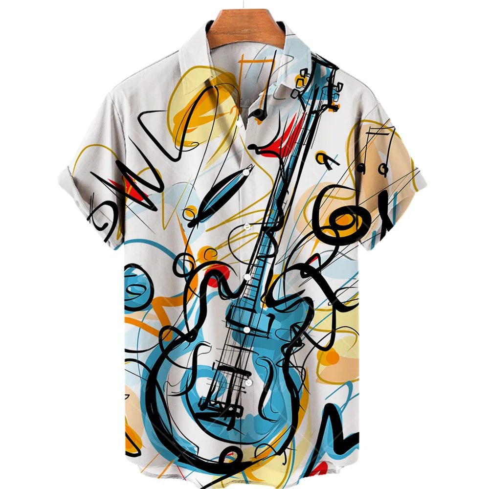 

New 3D Music Instrument Note Print Men's Shirts Summer Casual Fun Short sleeve Camisa Fashion Lapel Shirt Holiday Men's Clothing