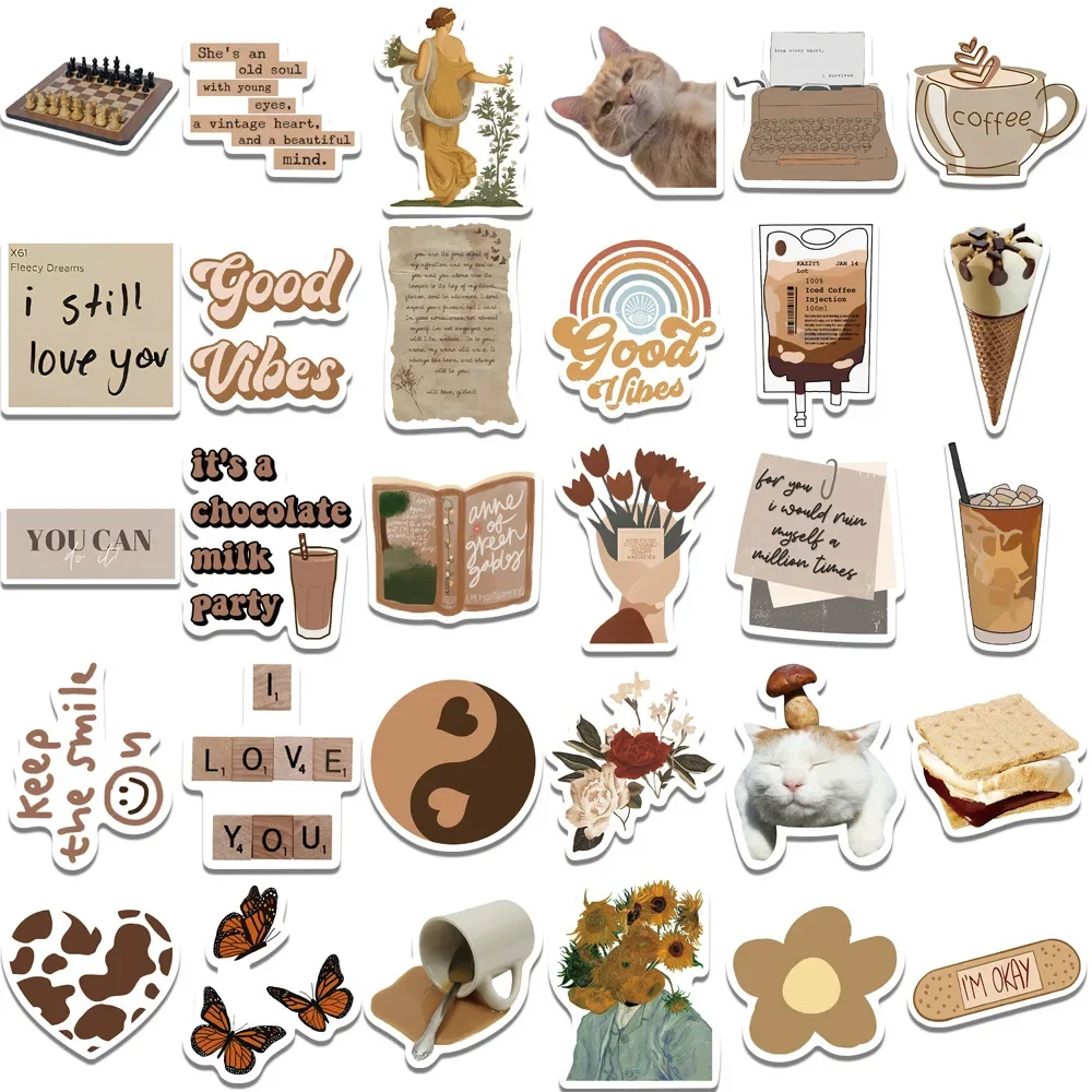 10/30/50Pcs Retro Brown Waterproof Graffiti Sticker Aesthetic Decorative Luggage Laptop Cup Guitar Phone Scrapbook Kid Stickers