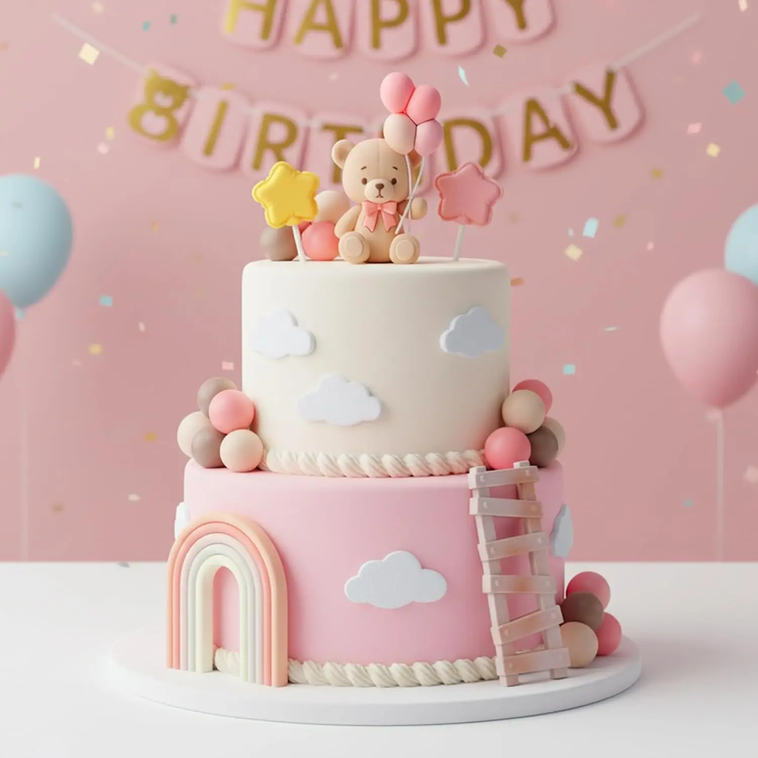 Bären-Kuchendekoration Babybär mit Ballon-Wolke Kuchenaufsatz Rosa Schleife Bär Regenbogen Kuchendeko für Geburtstag Babyparty – Detail 9