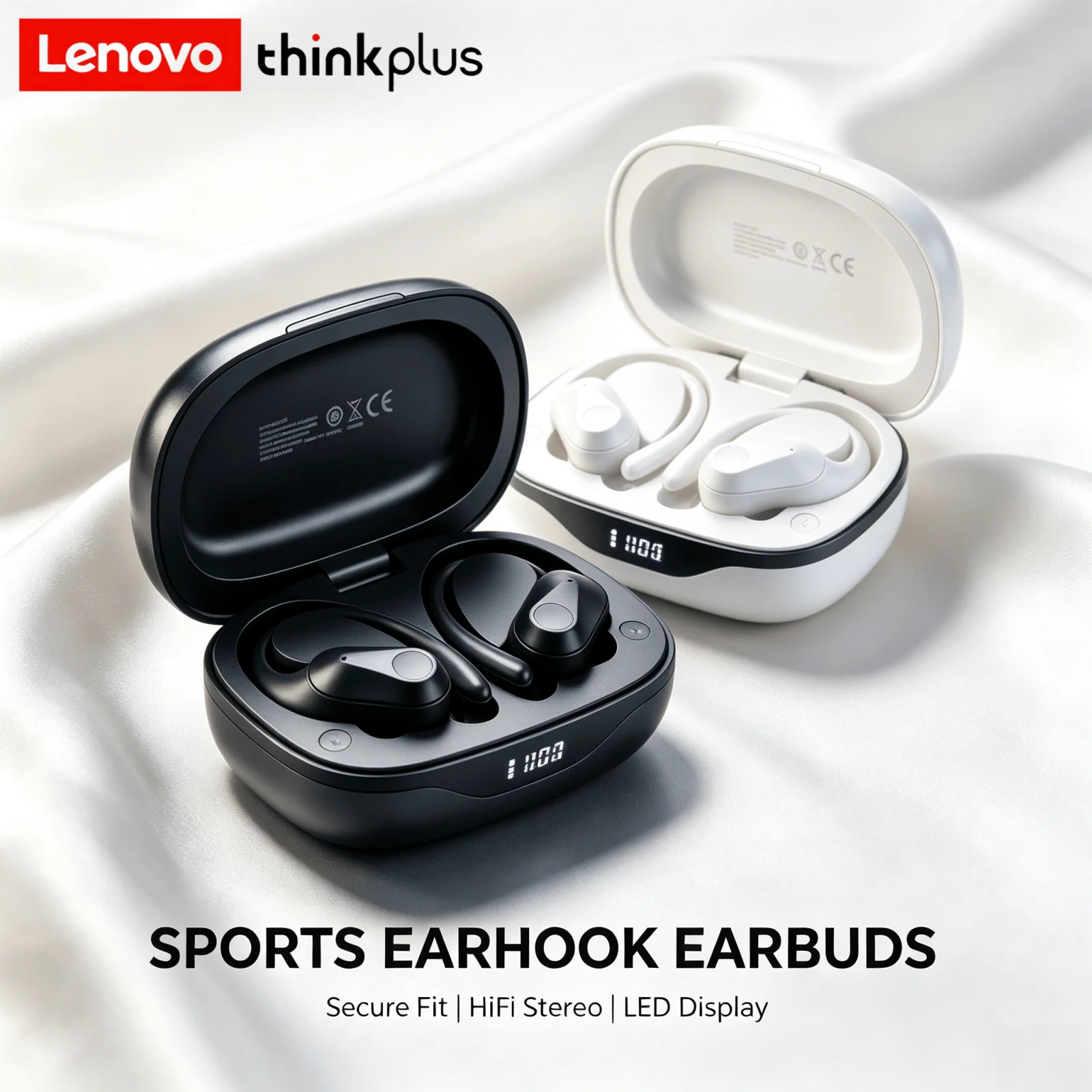 Lenovo LP75 Bluetooth Wireless Earphones Secure Earhook Design ENC Call Noise Cancelling LED Battery Display for Running Gym