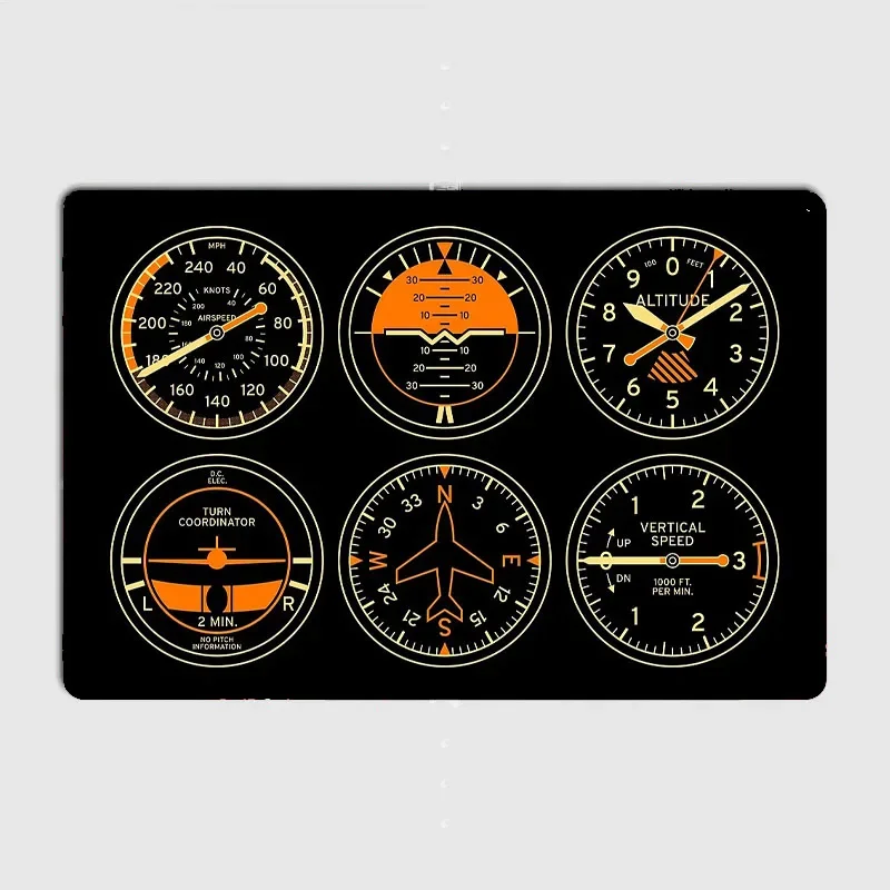 Aircraft Flight Instruments - 6 Pack Black Retro Metal Posters Home Decor Bar Cave Classic Tin Sign Room Decor Wall Decor