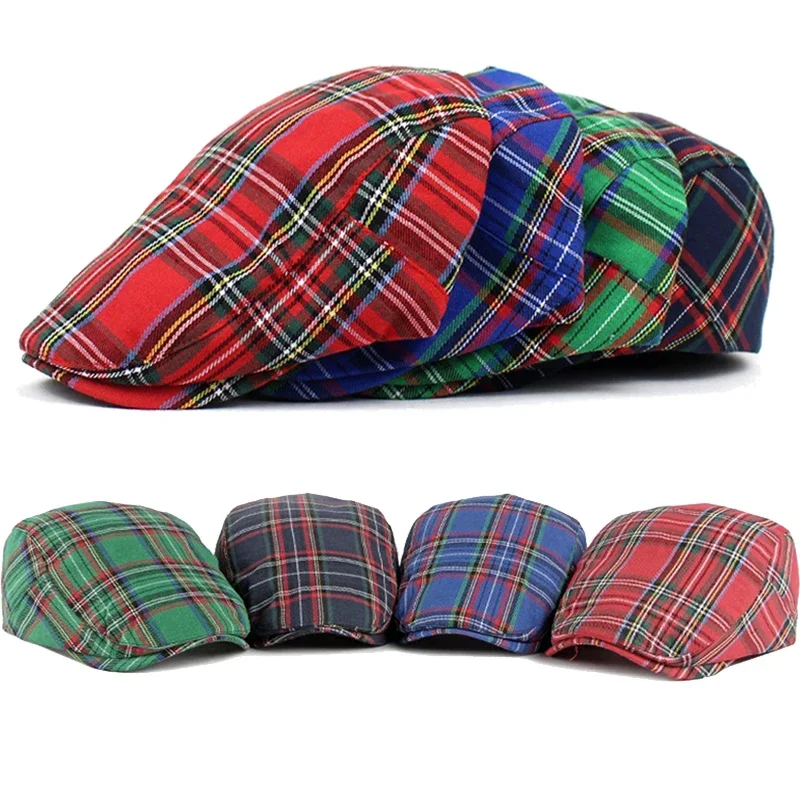 Women Plaid Berets Hat Men French Style Cap Cotton Plaid Visors Red Green Blue Duckbill Herringbone Flat Cap Ladies Winter Hat