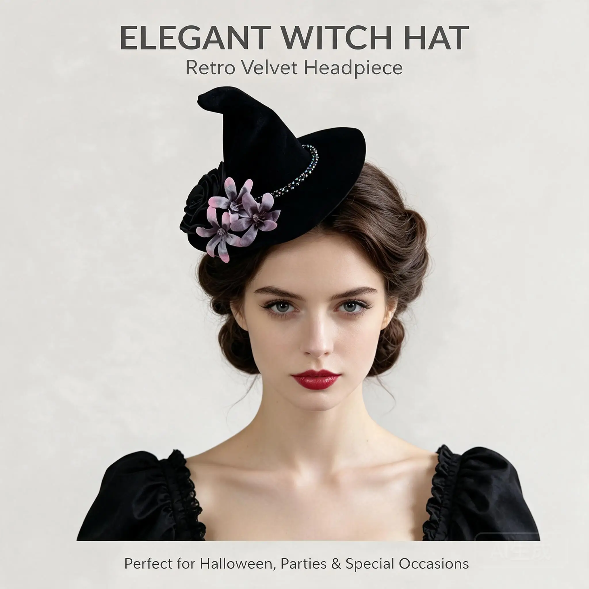 Women Black Mini Witch Hat Wizard Cosplay Headwear Halloween Party Hat Gothic Floral Rhinestone Decor Masquerade Banquet Dress
