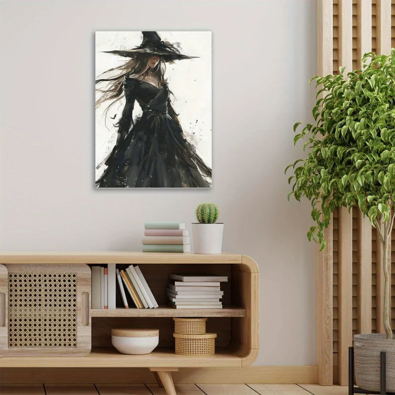 Elegant Witch in Black Dress and Hat Wall Art - 1pc Wooden Framed Waterproof Canvas Painting for Living Room, Home Halloween Dec