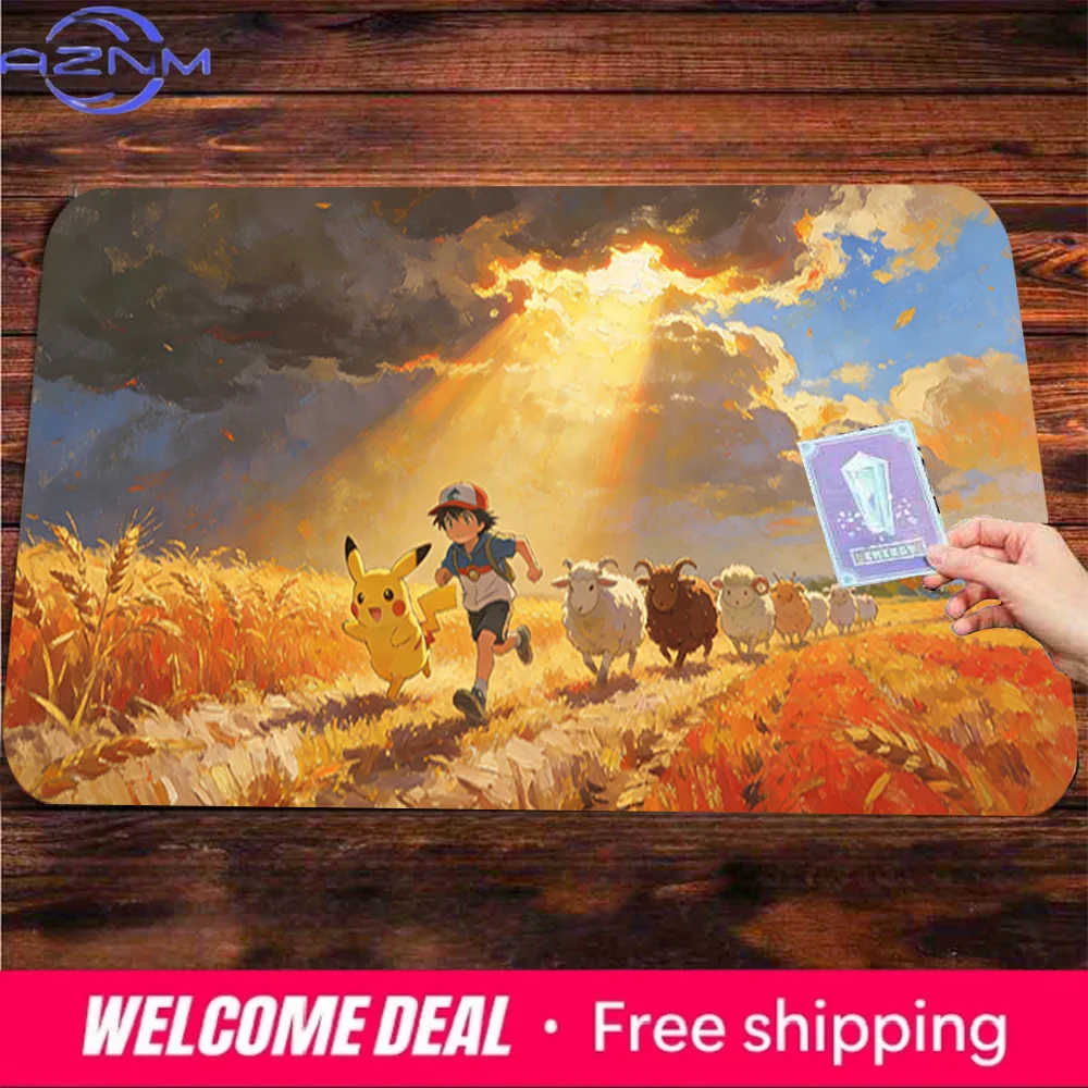 Large Oil Painting Style Ash Pikachu Mouse Pad with Golden Wheat Field Sunset Design Non-Slip Rubber Washable Gaming Desk Mat
