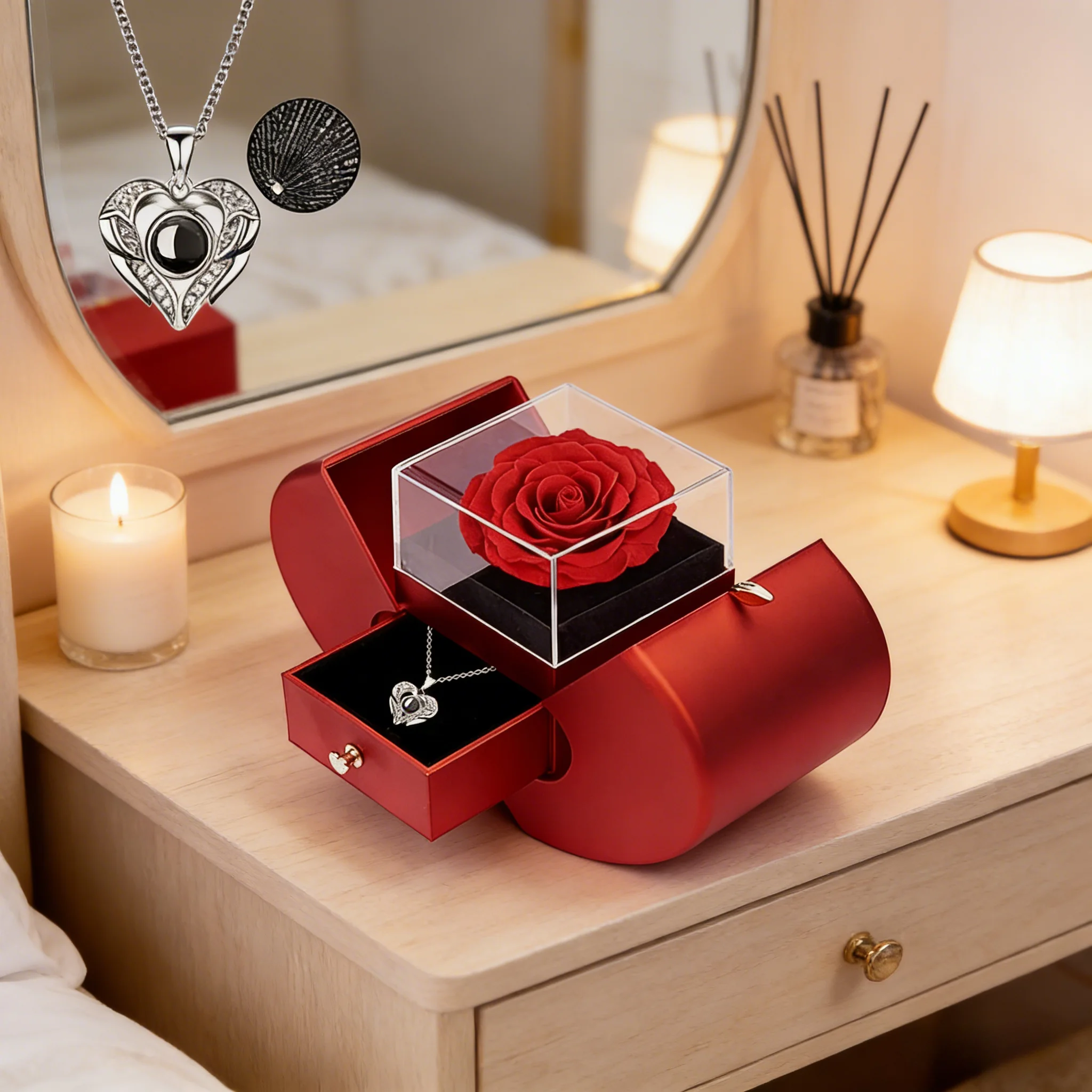 

White Gold Necklace With Preserved Real Rose I Love You Pendant Romantic Gift For Girlfriend Wife Mom Valentine's Day Anniversar