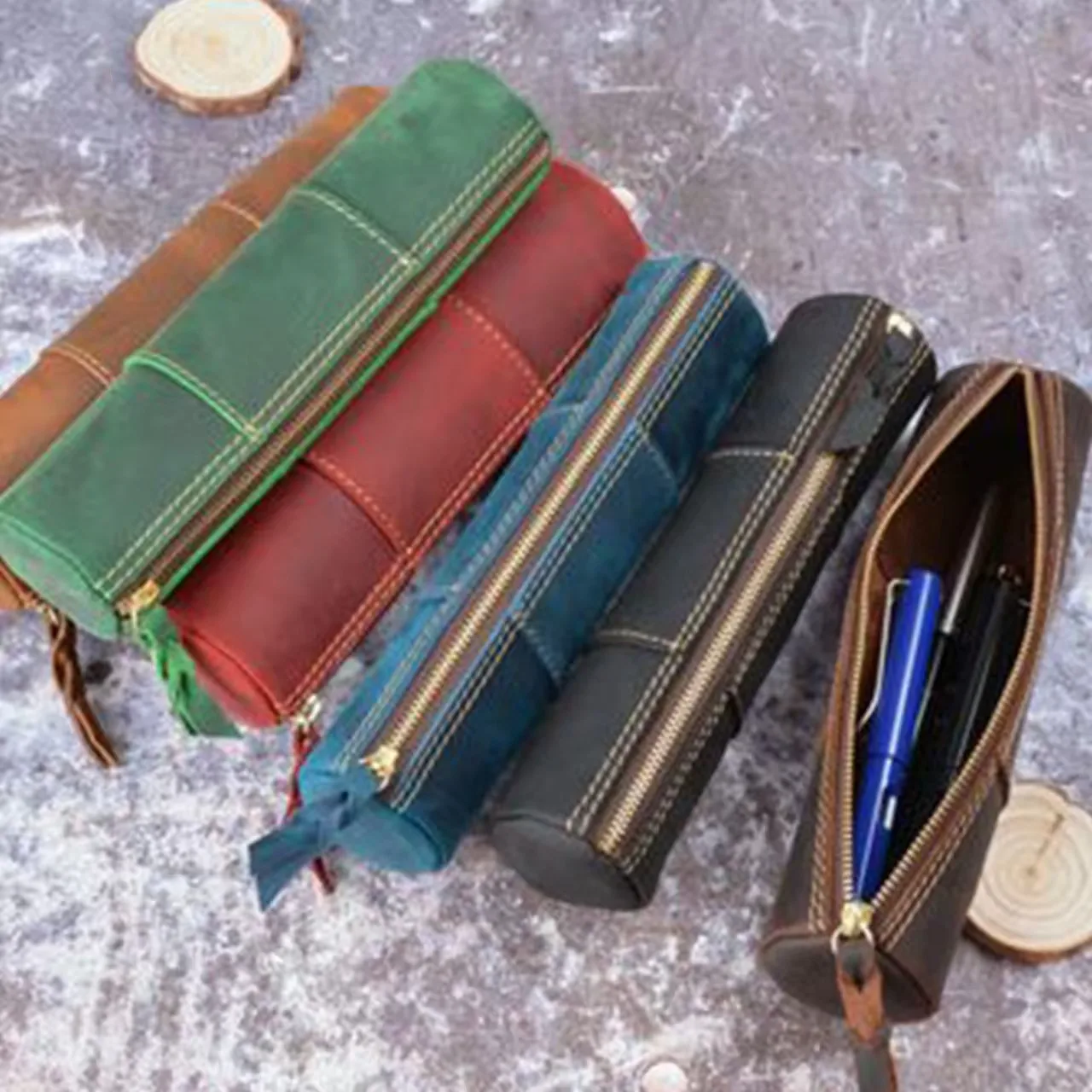 

Genuine Leather Pencilcase Organizer Nature Cowhide Pencil Case Stationery School Office Supplies Gift