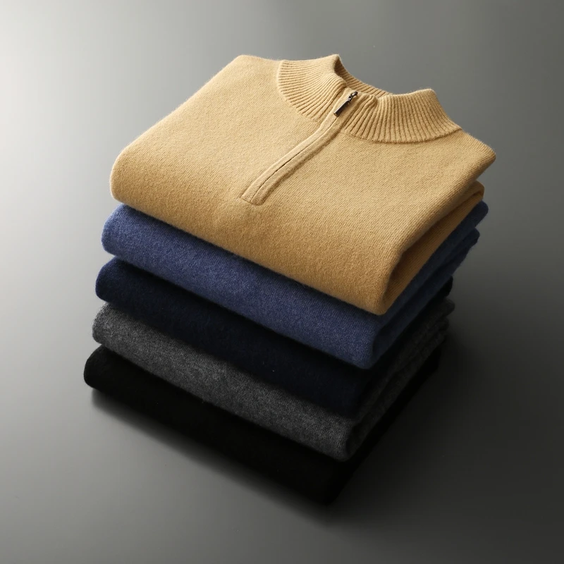 Jersey clásico de lana con cuello de cremallera para otoño e invierno, Tops, suéter de cachemira, nuevo jersey informal para hombre, suéter de lana merina de 100%