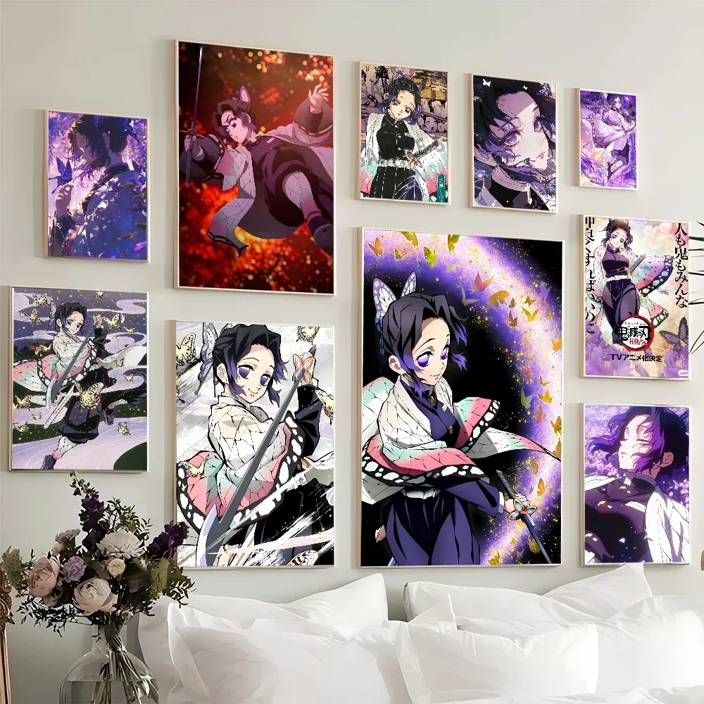 Póster de Demon Slayer Kochou Shinobu, carteles adhesivos de película, pegatina de papel Kraft Retro, pintura de pared de arte estético para habitación, Bar y cafetería, 1 ud.