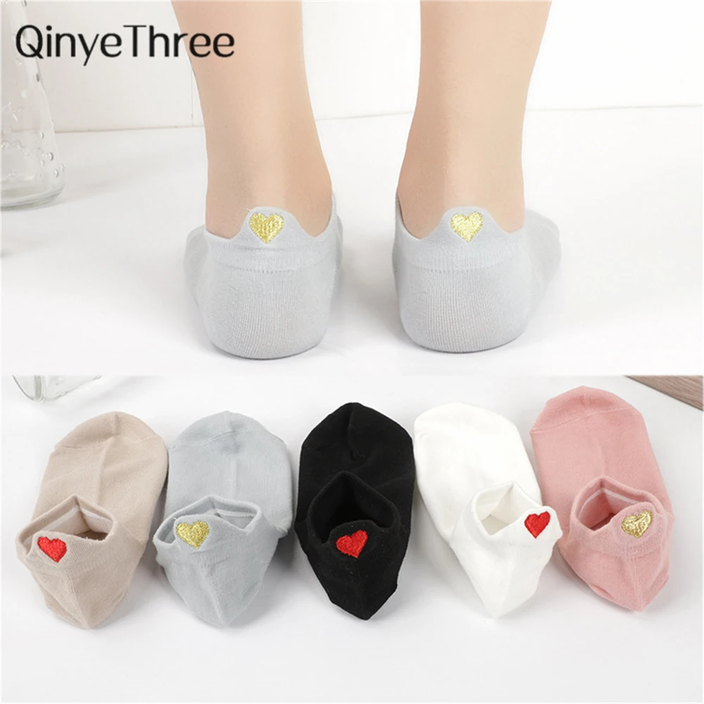 

Cute Embroidery Love Heart Socks Fashion Funny Sokken Heel With Glitter Gold Silk Red Heart Ankle Socks Dropship