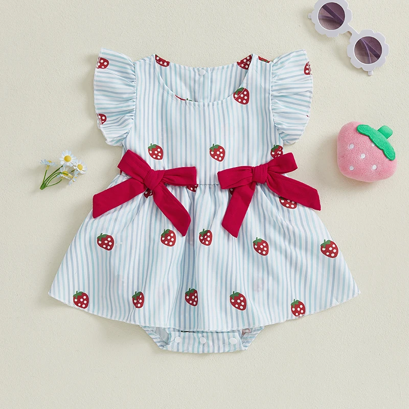 

Baby Girl Summer Romper Dress Strawberry/Watermelon Flying Sleeve Round Neck Bodysuit 2025 Cute Infant Clothes