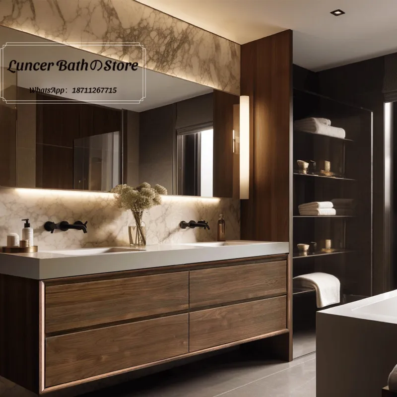 Mid-century Vintage Oak Bathroom Cabinet, Walnut Wood Tone Seamless Rock Slab Integrated Basin Wash Basin Vanity Unit