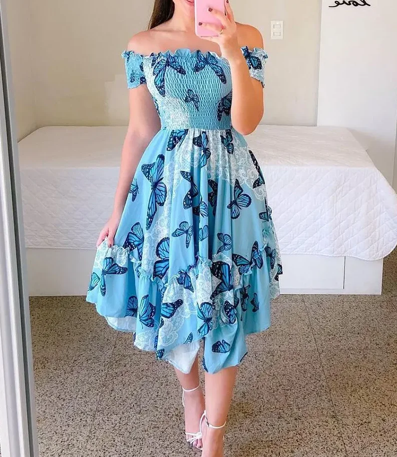 

2026 Spring/Summer New Off Shoulder Ruffle Butterfly Printed Dress