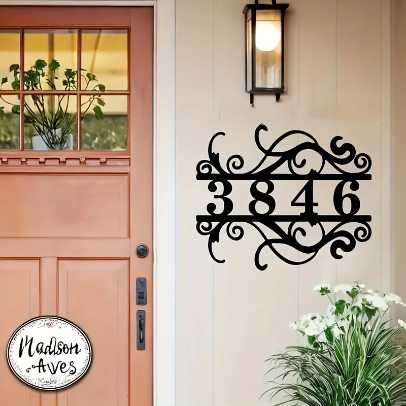 Custom Metal Number Plaque Elegant Wall-Mounted Design Battery-Free Outdoor Decor Address Identification Baroque Style Garden De