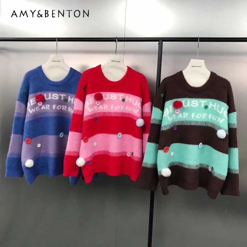 

American Retro Design Knitwear Colorful Button Pom Pom Decor Loose Stylish Letter Jacquard Striped Sweater Pullover Kawaii Top