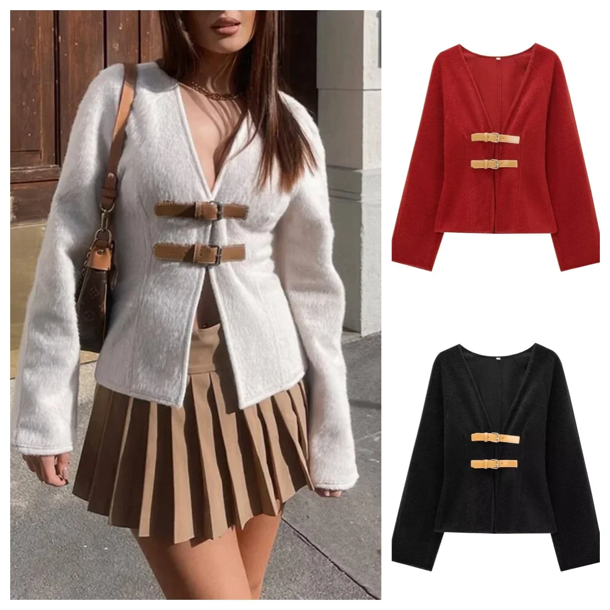 

Шерстяное пальто в стиле ретро с кожаной пряжкой, женское модное однотонное бежевое пальто с v-образным вырезом и длинными рукавами, осенне-весенняя шикарная женская уличная одежда