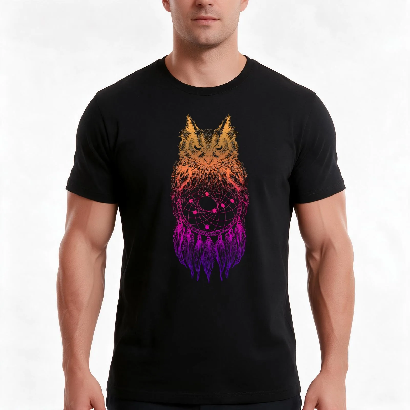 Dreamy Owl_Multi Pink T-Shirt, Summer Casual Cotton Tee, Oversized Streetwear Tops, Vintage Graphic Print, Unisex Men Women