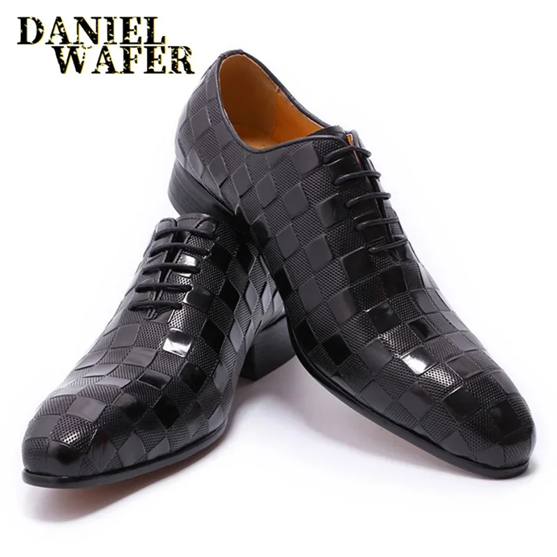 Men\'s Luxury Italian Leather Dress Shoes Fashion Plaid Print Lace-Up Black/Brown Formal Oxford Wedding Office Shoes