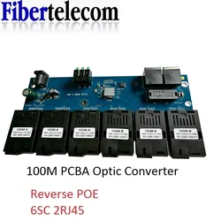 Reverse POE Switch 100M PCBA Board Fiber Optic Media Converter 2 RJ45 to 6 SC Optic Connector 3A+3B Ports 20KM Ethernet