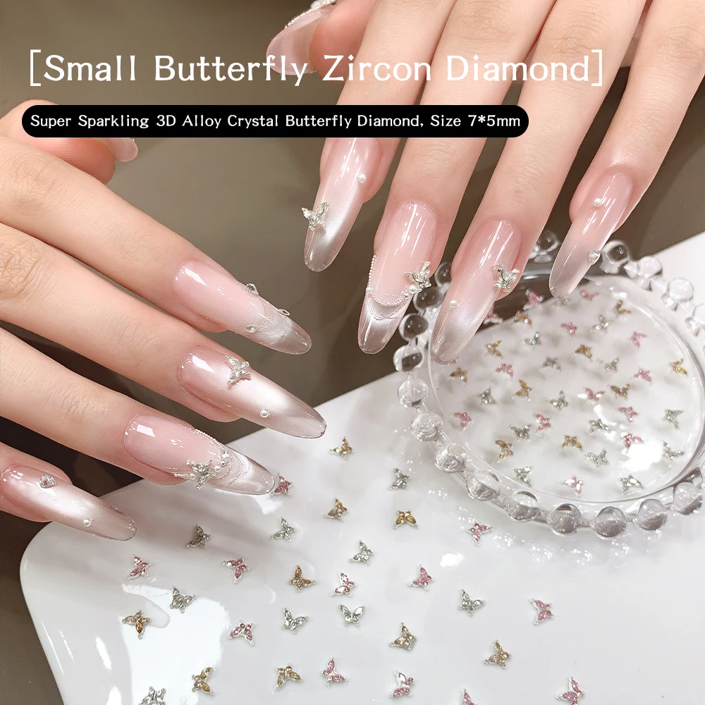 KANIU 10 Stück Mini 7*5mm 3D Fingerspitzen Premium Schmetterling Nagelschmuck Legierung Nagelzubehör Schmetterling Zirkonia Nageldekoration