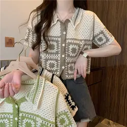 Summer Short Sleeve T-Shirt Retro Knitted Cardigan Outerwear Young Petite Girls Vintage Hollow Out Crop Top Women Clothes