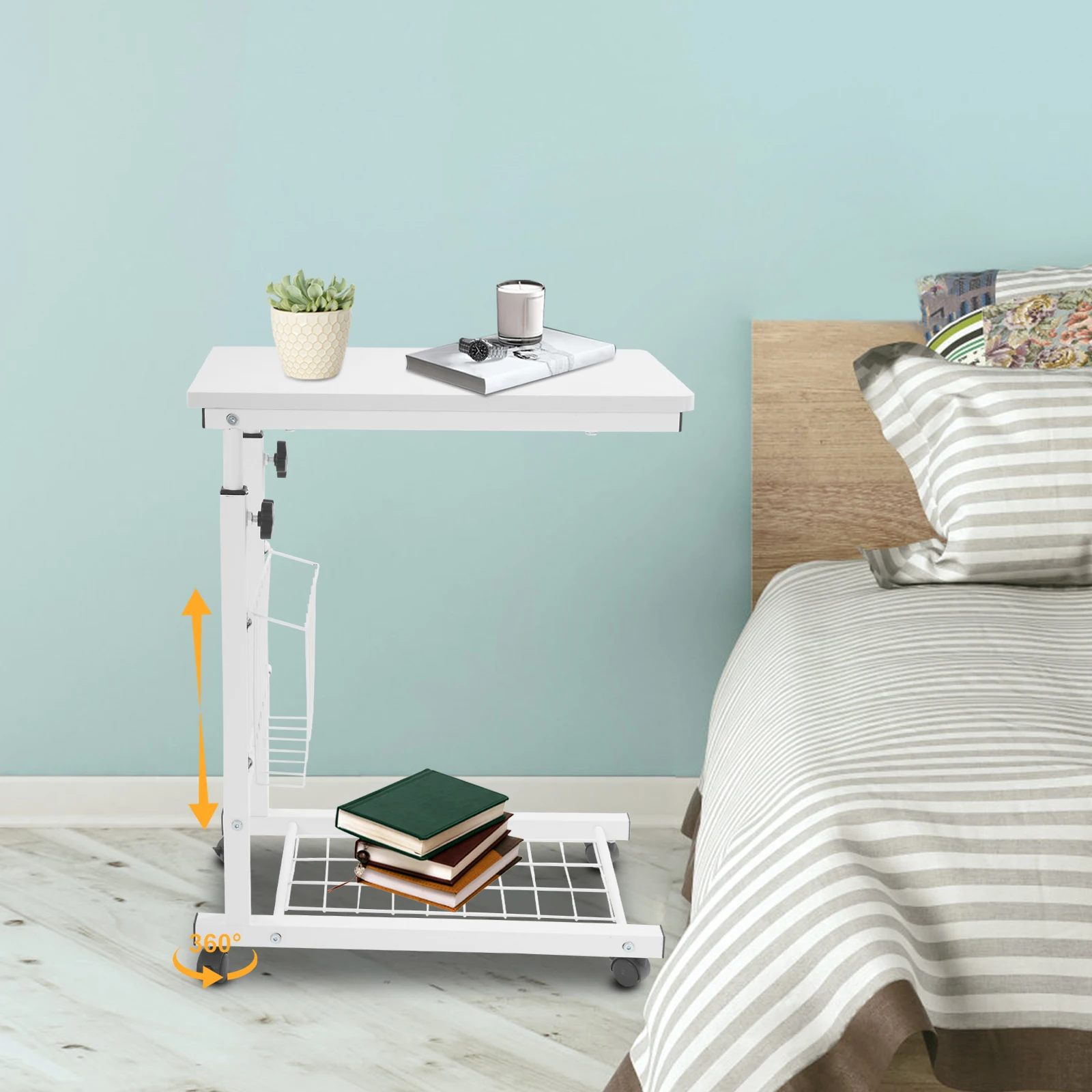 

Multi-Tier C Shaped Sofa Side Table W/ Wheels, Adjustable Height Rolling Side Desk Overbed Bedside Tables W/ Storage Basket