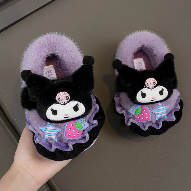 

Детские хлопковые тапочки Sanrio, зимние, для девочек, семейные, с закрытым носком, Kuromi My Melody, теплые домашние тапочки