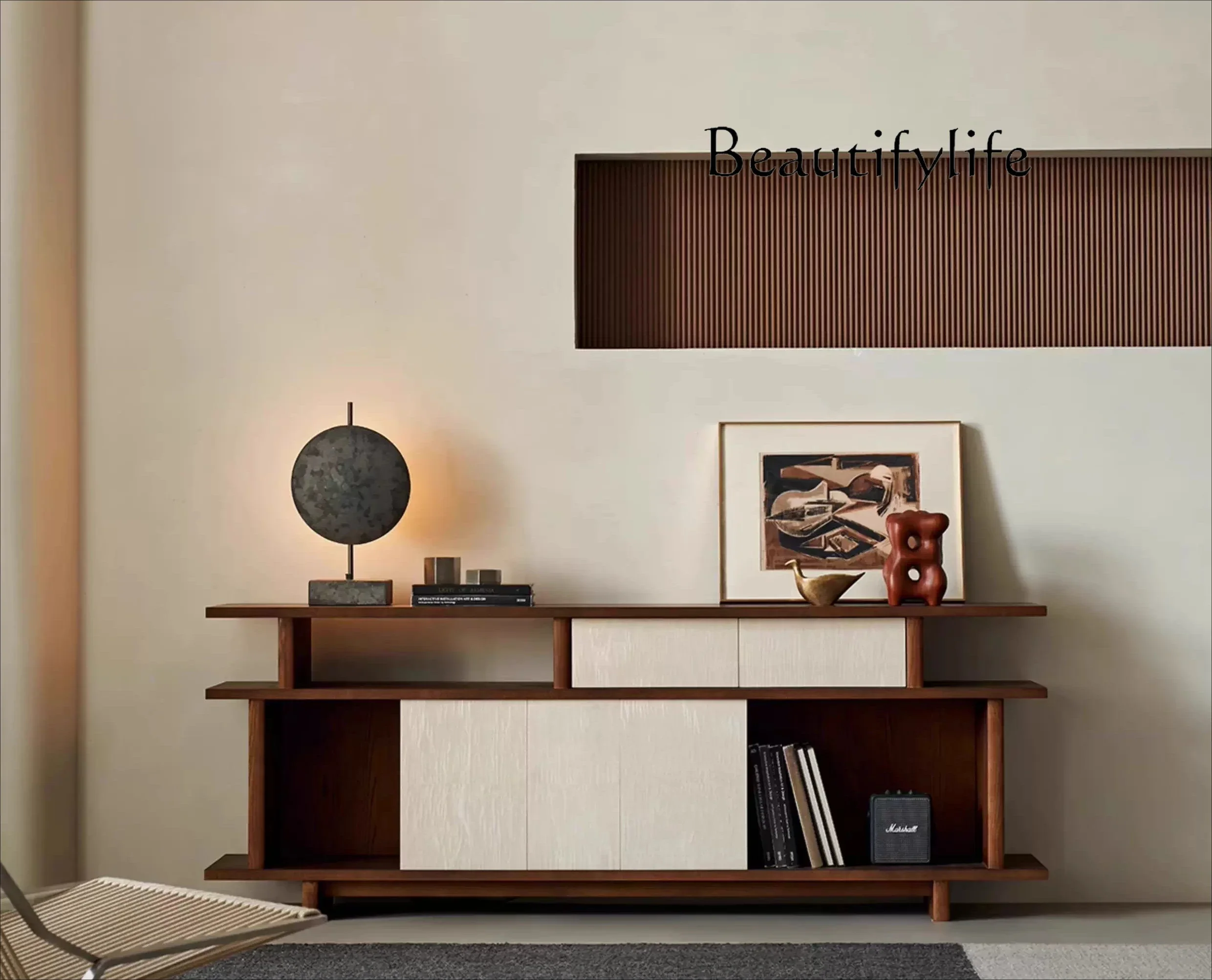 

X Empty Edge Cabinet Retro Solid Wood Living Room Storage Household Drawer Cabinet Sliding Door Dining Side Cabinet