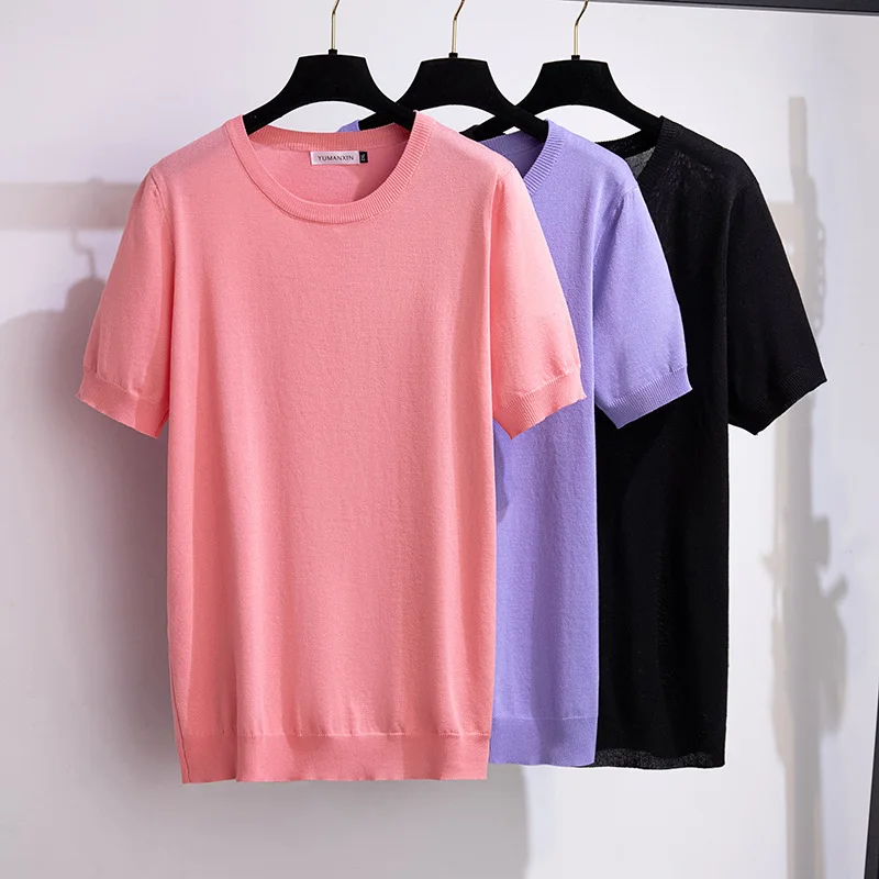 Large Size Women Clothing Solid Ice Silk Knitted T Shirt Women Cool Show Thin 150kg Short Sleeve T-shirt Women Oversized T Shirt