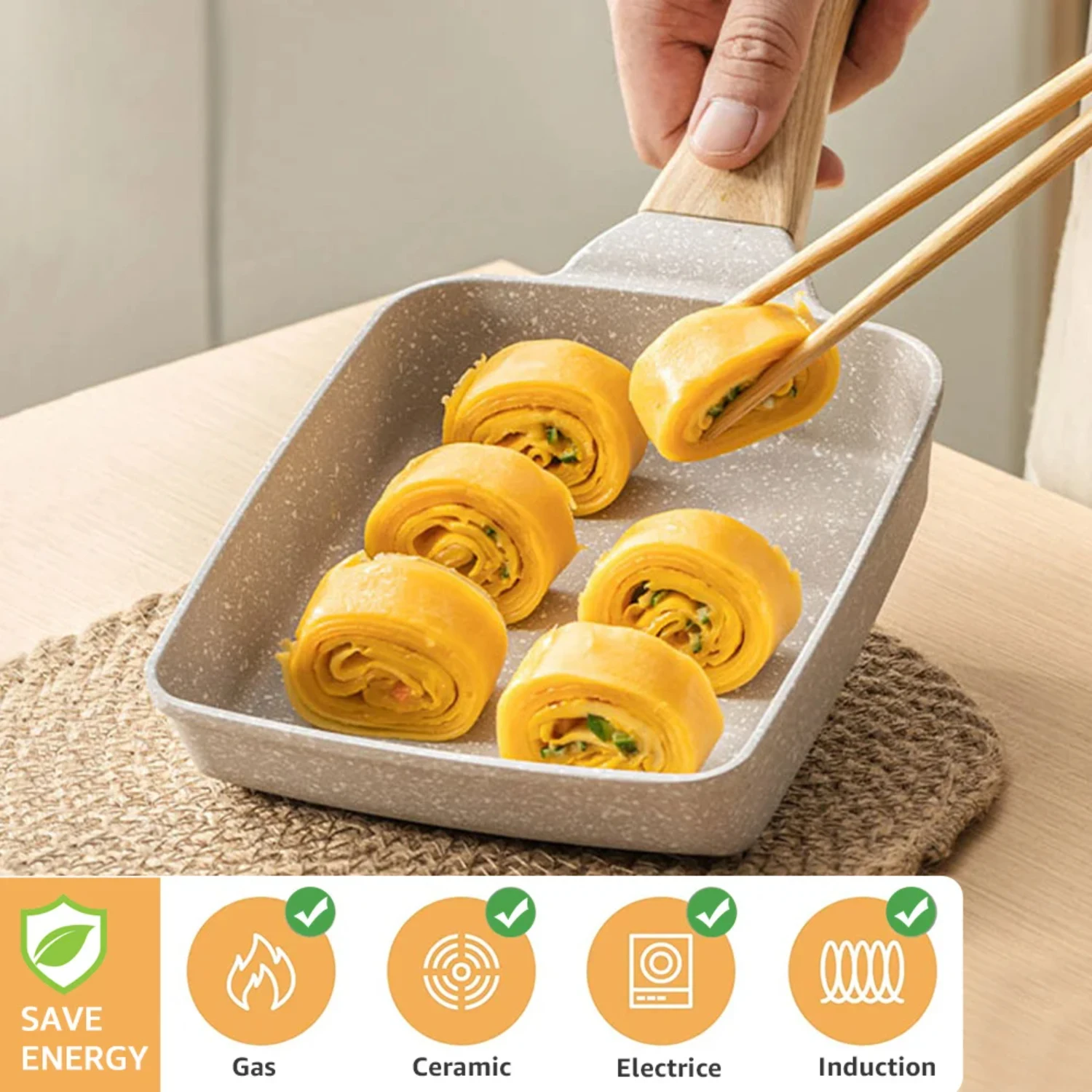 Non-stick Rectangle Frying Pan with Wood Handle,1pcs,5.9*7.08in Japanese Tamagoyaki Pan for Square Omelette Cooking,High-quality