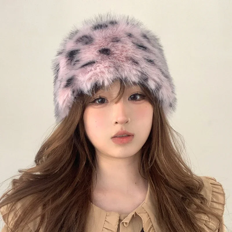 Retro Hot Girl Leopard Plush Bucket Hats Women Autumn and Winter Imitation Fur Thickened Thermal Pullover Fashiona Basin Cap