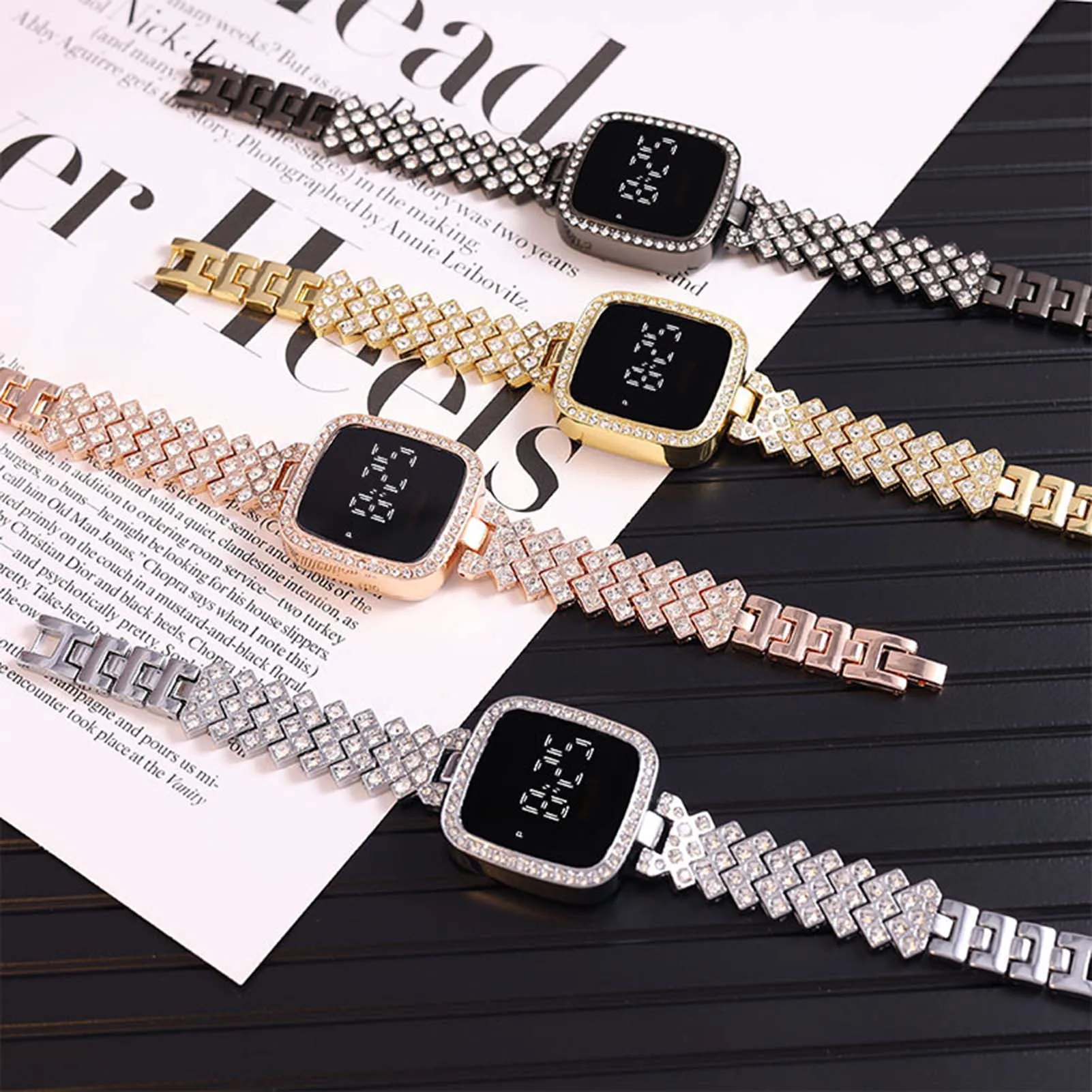 Women\'s Crystal Bracelet Watch Easy to Read Square Dial Touch Screen Wristwatch eting and Dating Office