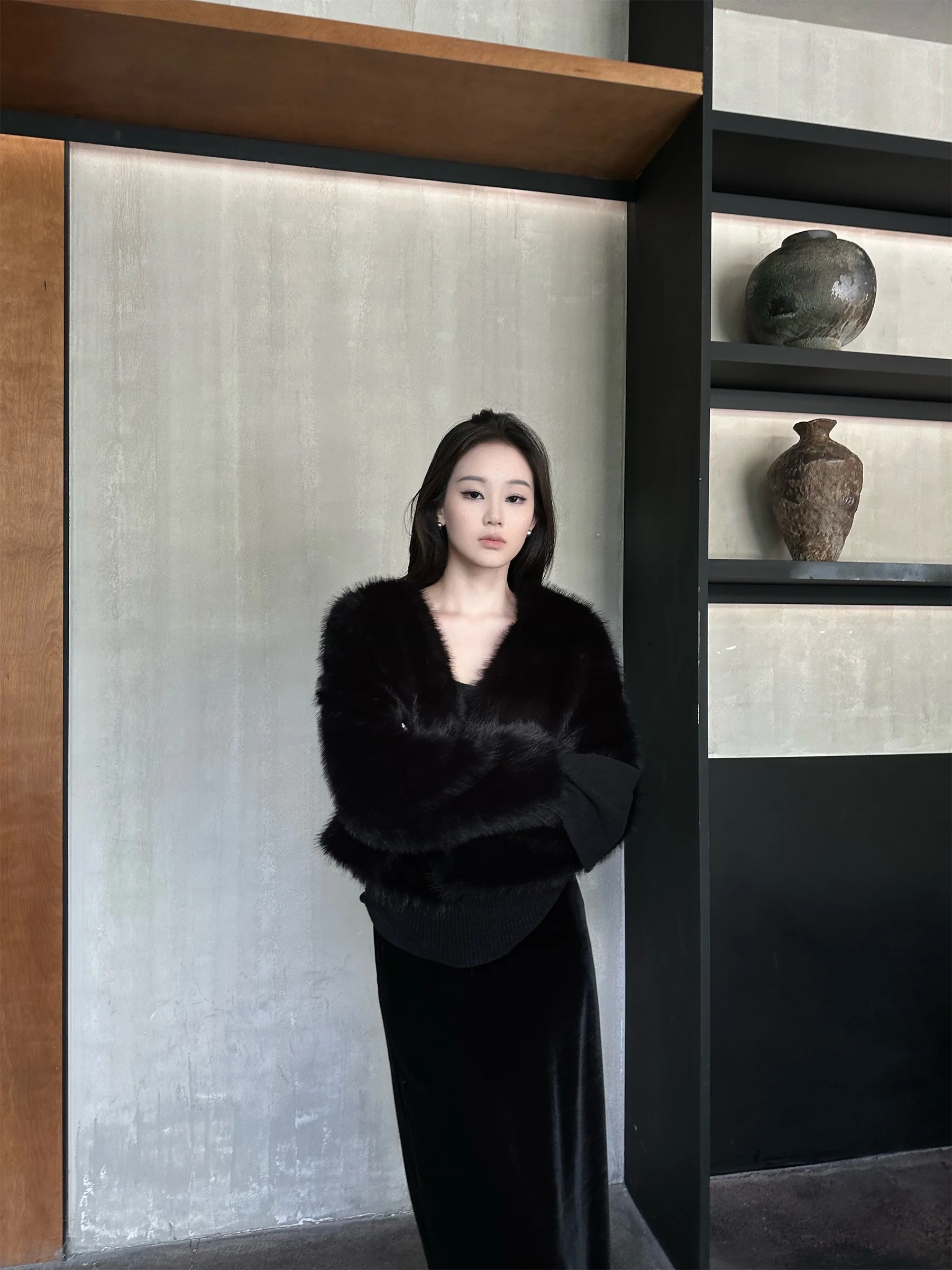 

5werkwen Premium Fur V-Ne ort Loose Warm Outerwear Women's Autumn Faionable Polyester Long Sve Color Coat