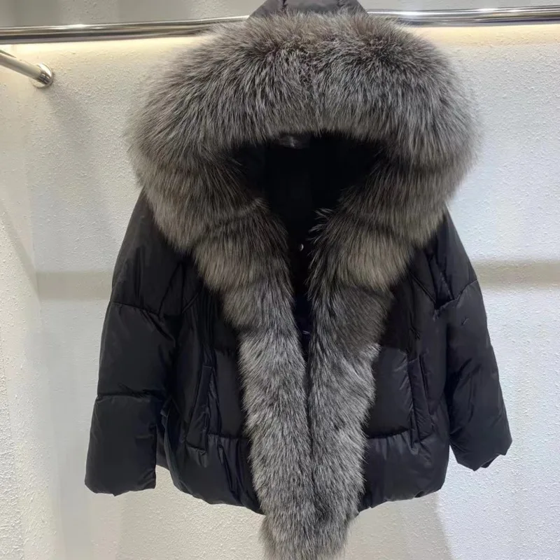 Luxury Female Fox Large Fur Collar Duck Down Coat Down Jacket Winter Short Outerwear Fur High-end Brand New Faux Fur Coat