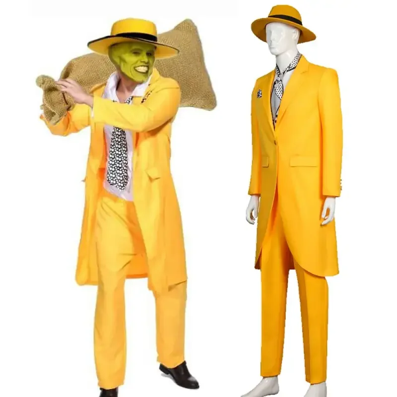 The Mask Jim Halloween Costume Carrey Men Roleplay Disguise Outfits Yellow Coat Hat Pants Takerlama