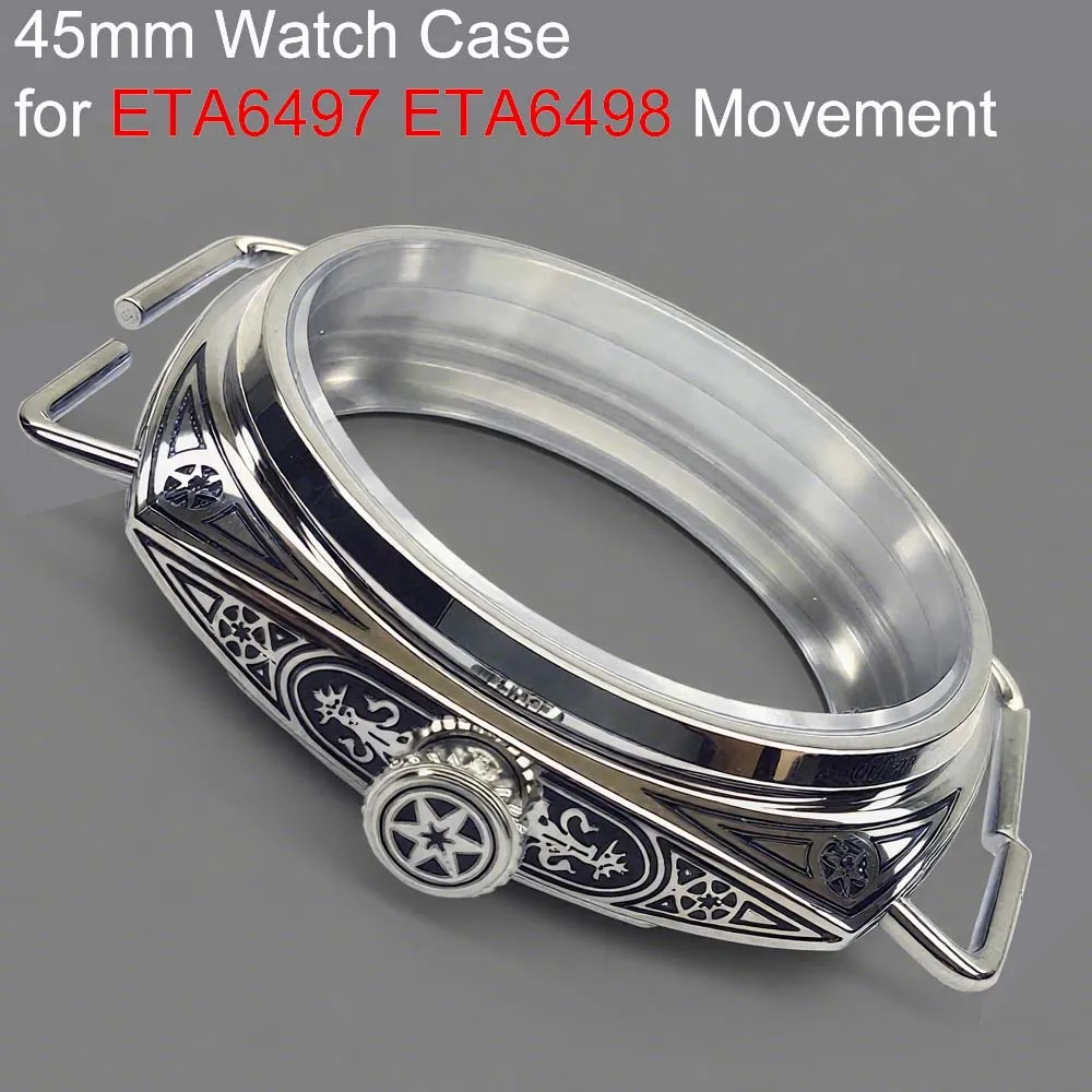 For ETA6497 Case Stainless Steel Shell Fits 36mm Dial Dome Glass Bronze Plated Engraved 45mm Watch Case for ETA6498 Movement