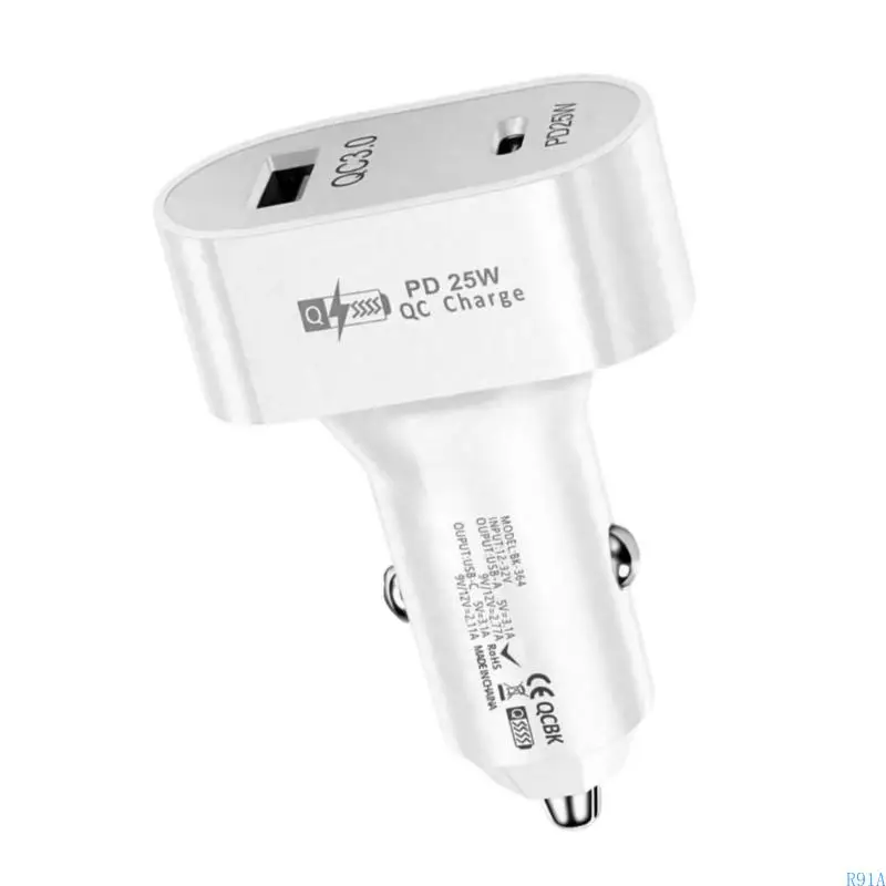 

R91A PD25W Type C Quick Charging Adapter Car Socket Adapter QC3.0 USB 25W