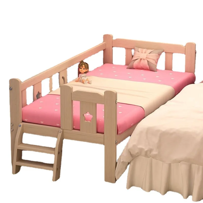

Solid Wood Children's Bed with Guardrail Beside Sleepers Wooden Kids Bed