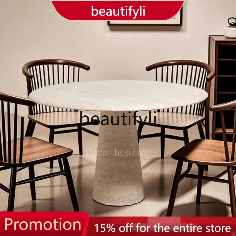

X188 Cream wind Nordic cave stone dining table round light luxury high-end small apartment living room household marble round ta